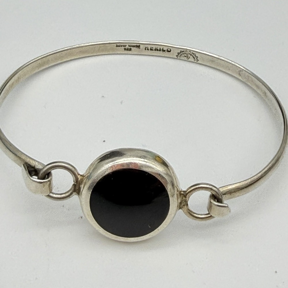 Vtg Mexico Sterling Silver Onyx Bangle Bracelet‎ Modernist Silver World Taxco